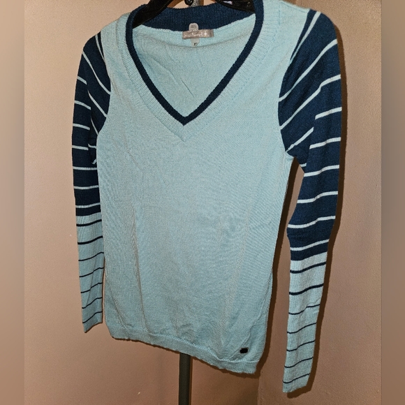 SmartWool Sweater V-Nk Ribbed Trim szXS E.U.C. Lt&Dk Blu/Grn Soft & LtWt - Picture 4 of 6